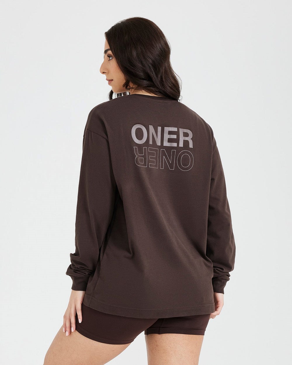 Oner Active Classic Mirror Grafická Oversized Long Sleeve Top Washed 70% Cocoa | 01OGSLFXE