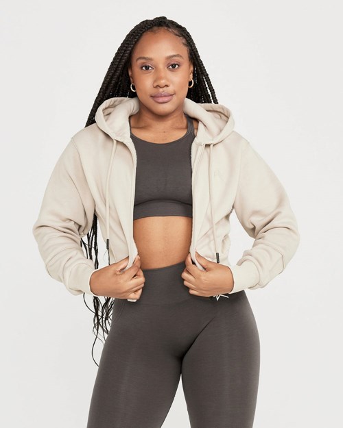 Oner Active Classic Lounge Cropped Zip Through Hoodie Sand | 39EHSJXTG